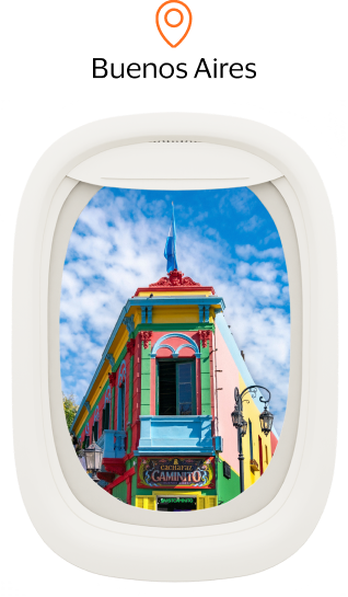 Imagem ilustrativa janela de avião com imagem de Buenos Aires